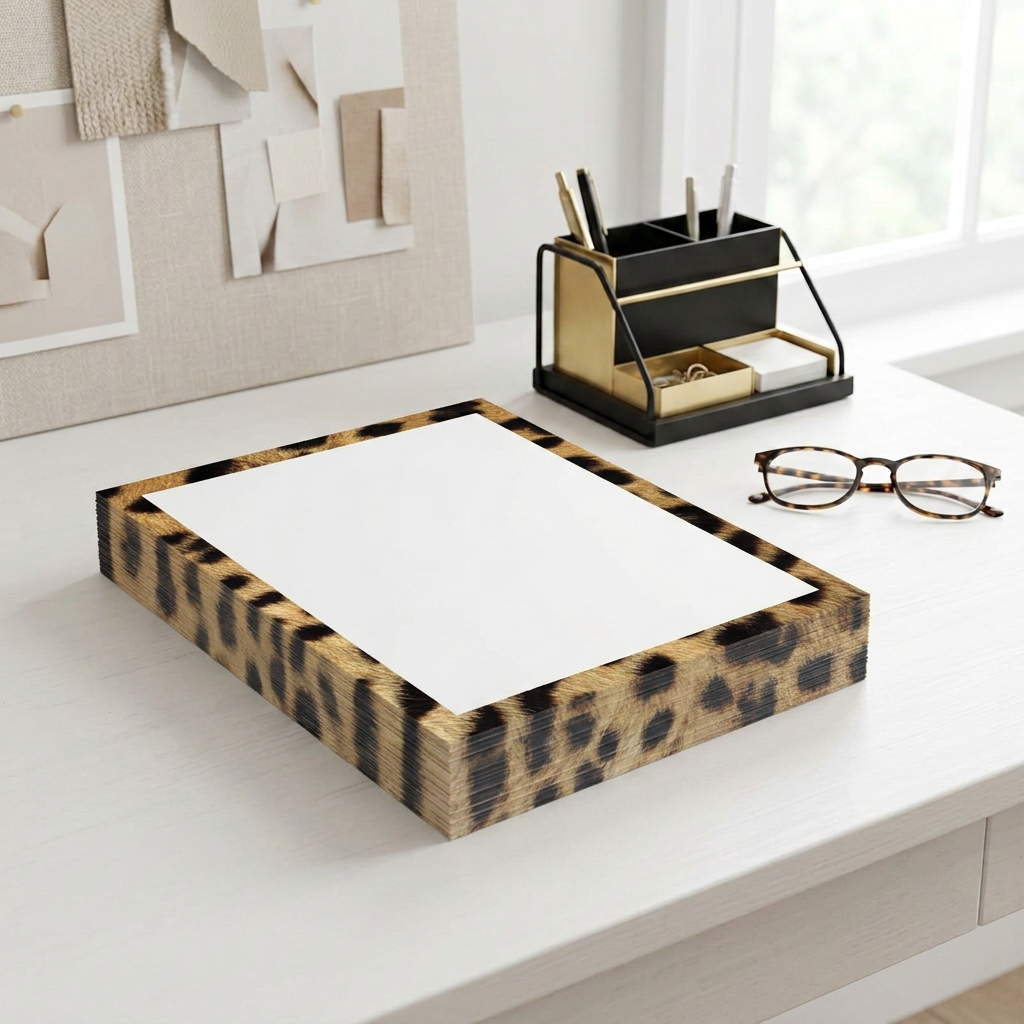 Cheetah paper stack in a creative workspace
