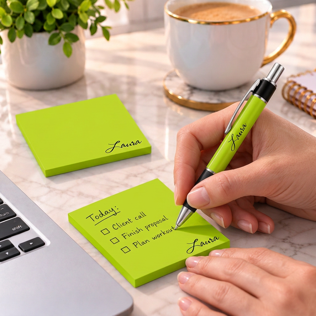 Feminine-looking hands writing a checklist with Laura personalized lime pen and sticky notes