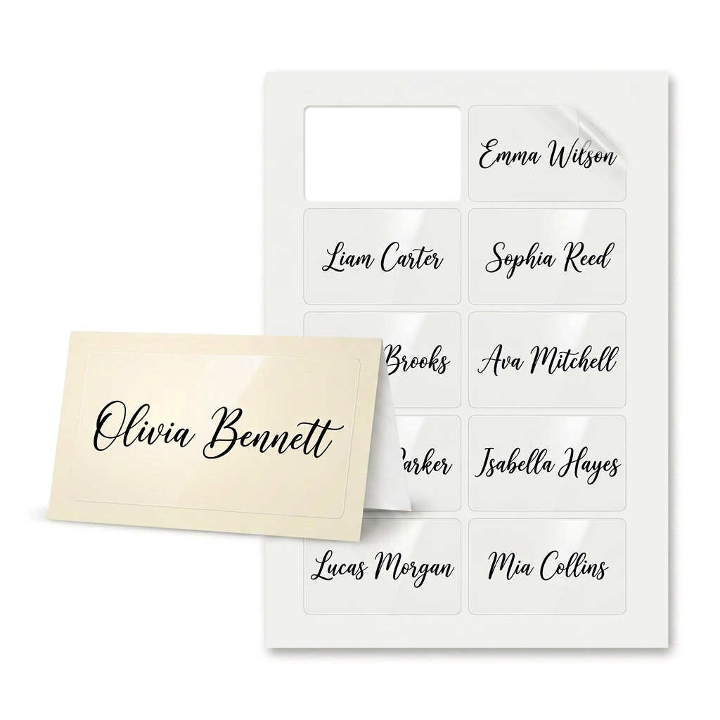 Ivory place card and clear guest-name labels with one peeled-off spot
