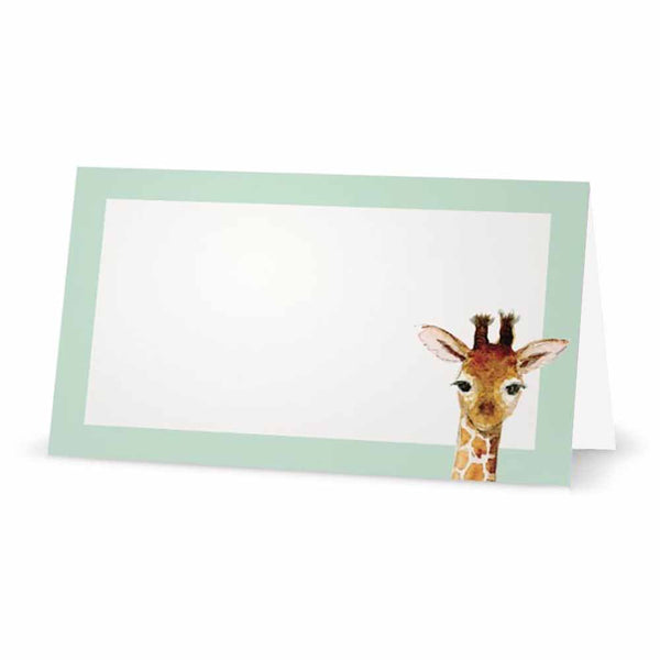 Pastel green baby giraffe place cards in tent style.
