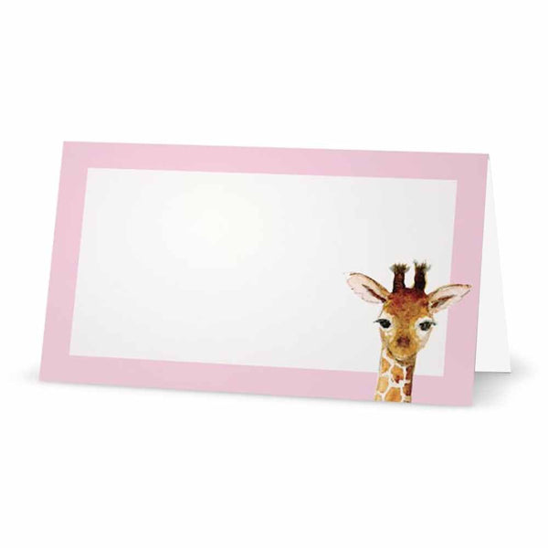 Pastel pink baby giraffe place cards in tent style.