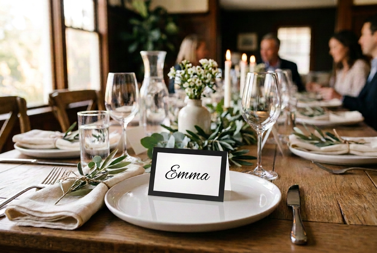 Place card with Emma in black script 