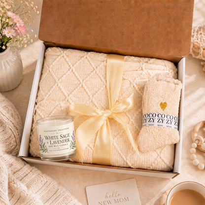 New Beginnings Comfort Candle Set - Soy Wax Candle, Blanket, and Cozy Sock
