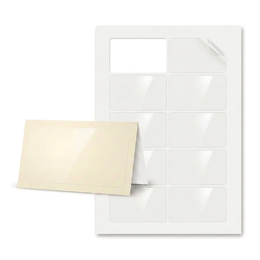 Blank ivory place card beside transparent blank labels