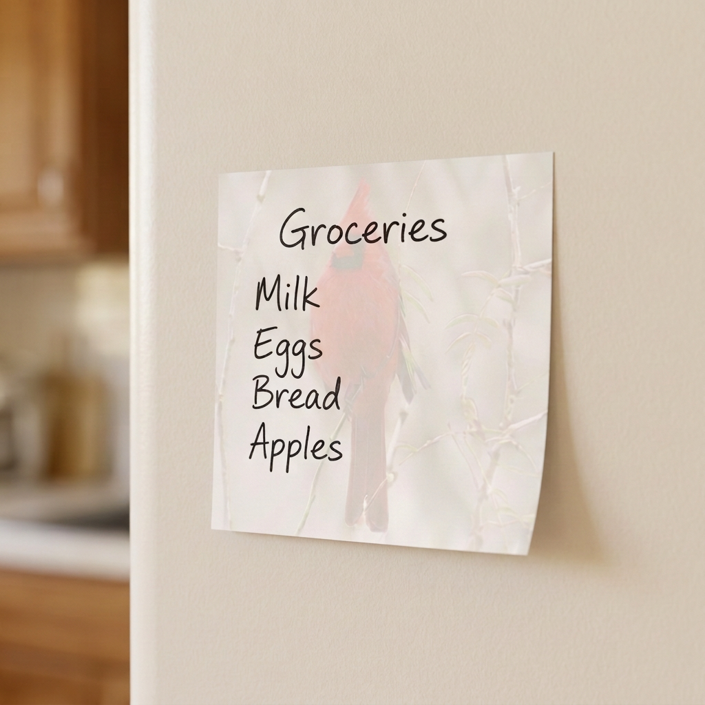 Cardinal grocery-list sticky note on a refrigerator without tape