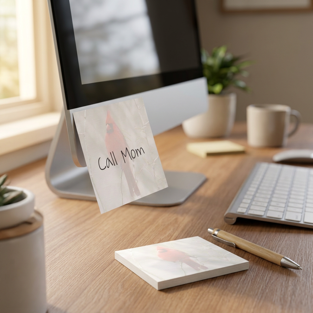 Cardinal sticky note used as a desk reminder