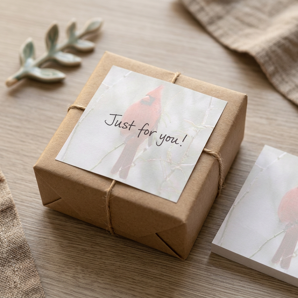 Cardinal sticky note used as a gift message