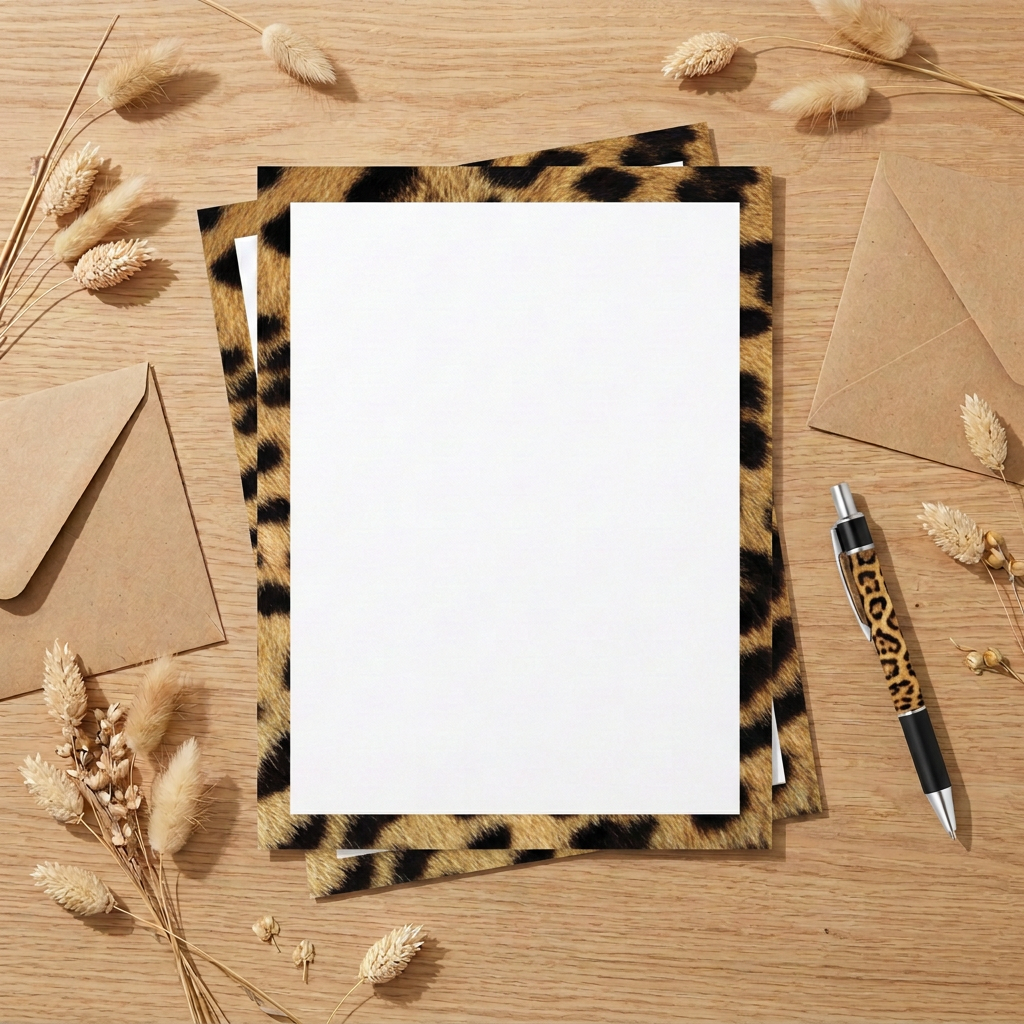 Cheetah border paper in a letter-writing flat lay