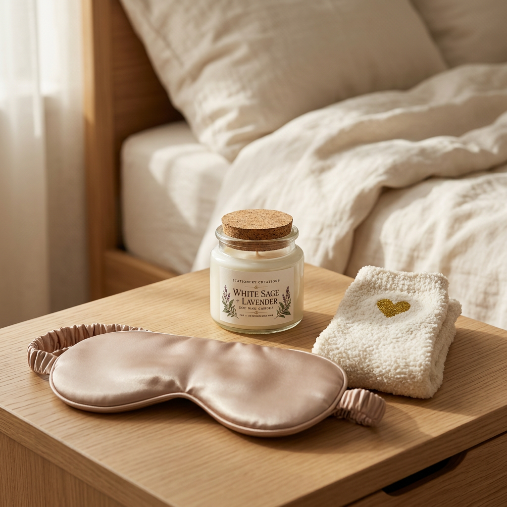 Cozy bedside lifestyle photo of the candle, champagne sleep mask, and ivory socks