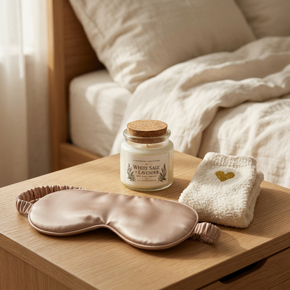 Cozy bedside lifestyle photo of the candle, champagne sleep mask, and ivory socks