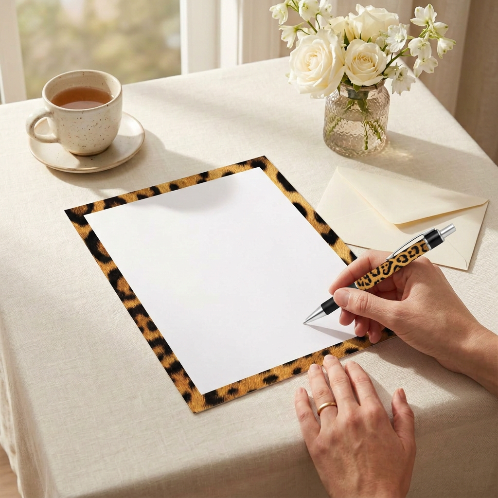 Cozy writing scene with the matching leopard-print pen