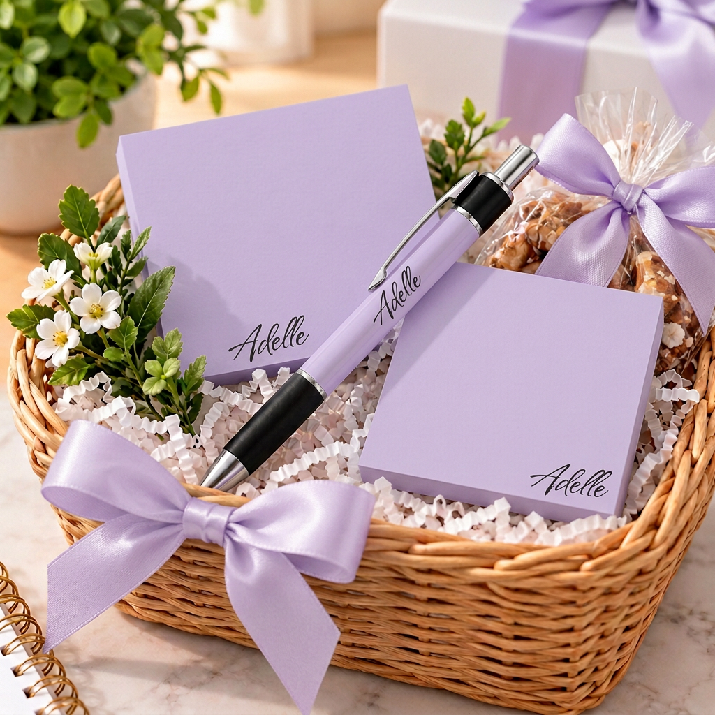 Adelle personalized lavender pen and sticky notes styled in a gift basket; props not included