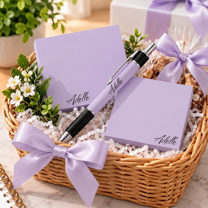 Adelle personalized lavender pen and sticky notes styled in a gift basket; props not included