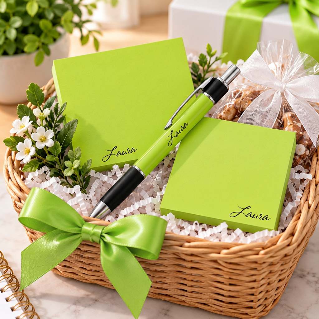 Laura personalized lime pen and sticky notes styled in a gift basket; props not included