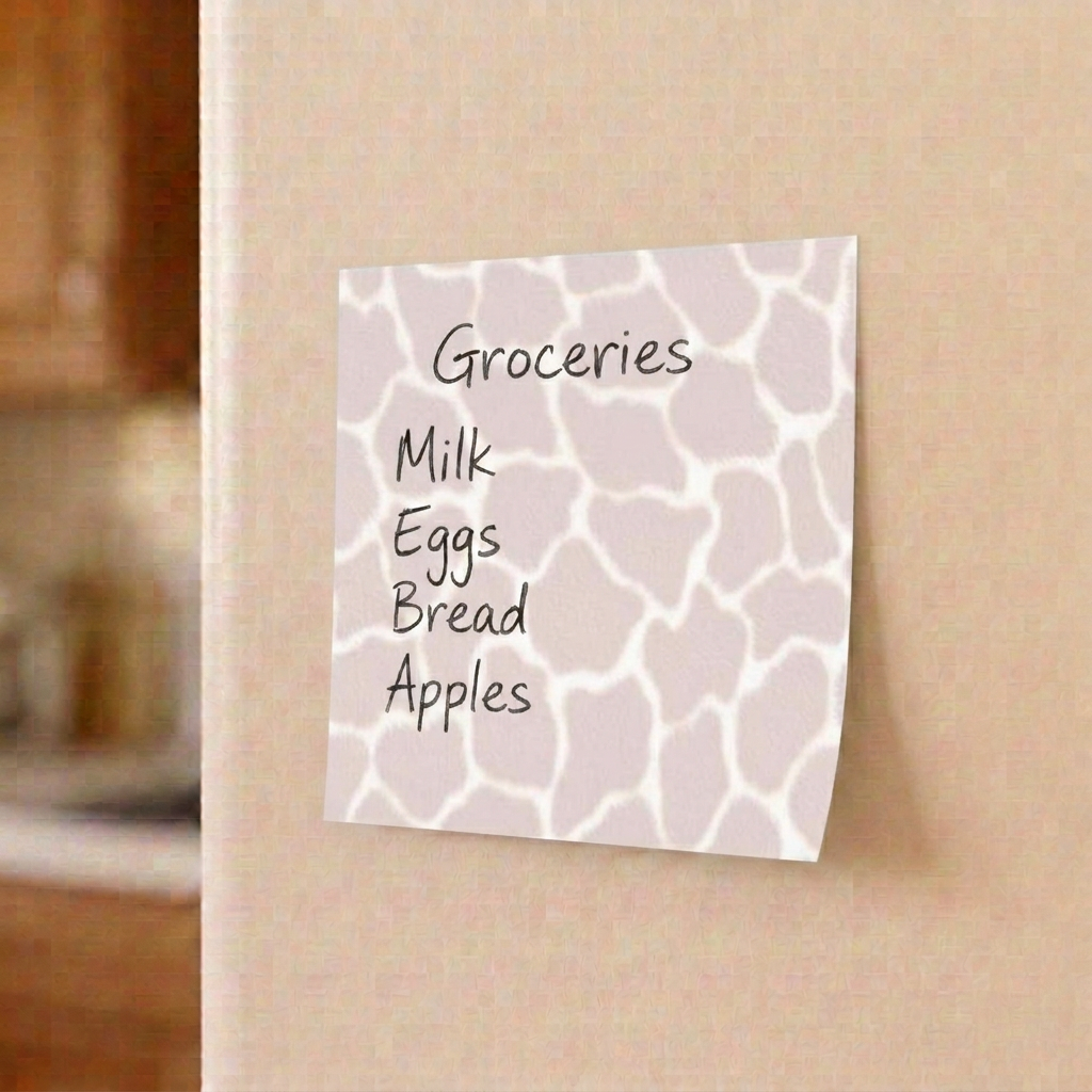 Giraffe print grocery list sticky note on a refrigerator