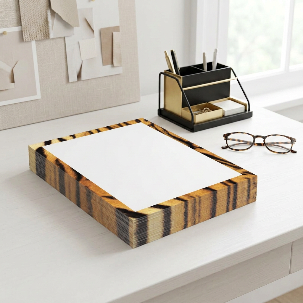 Tiger print border paper stack on a styled desk