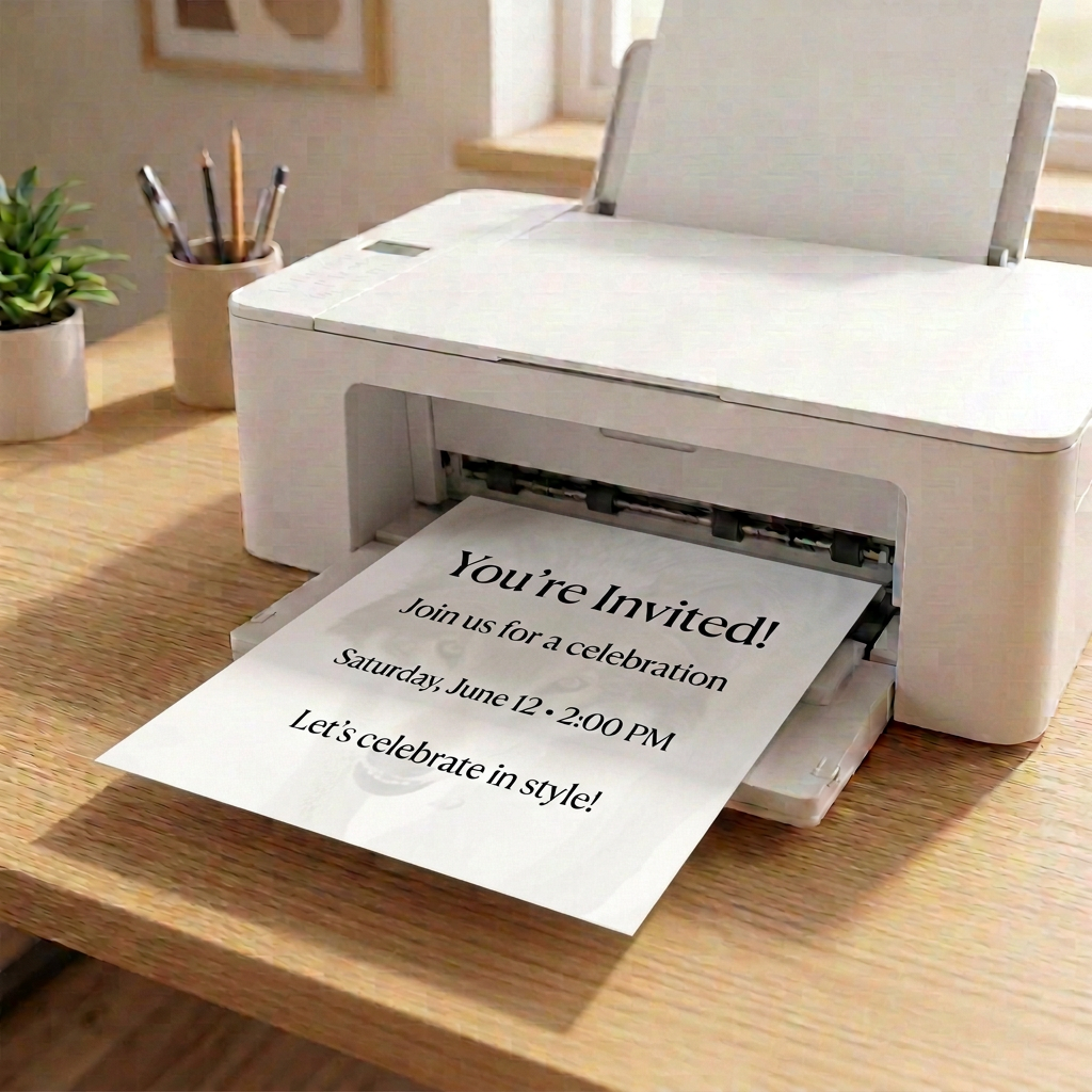 Wolf face paper in a printer with sample invitation wording