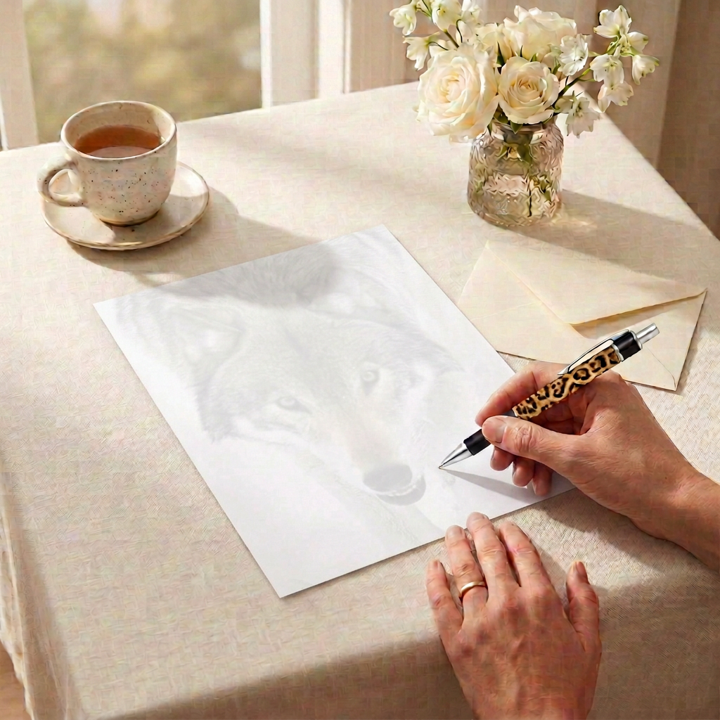 Wolf face paper in a cozy writing scene