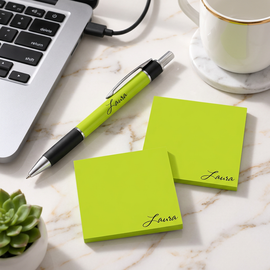 Laura personalized lime pen and sticky notes on a marble desk