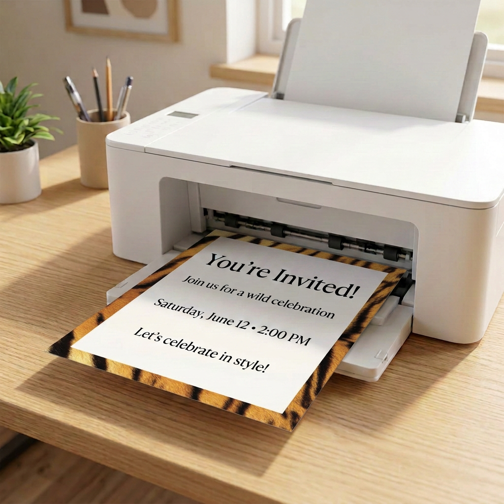 Tiger print border paper in a printer with sample invitation wording