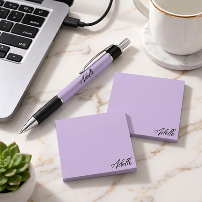 Adelle personalized lavender pen and sticky notes on a marble workspace