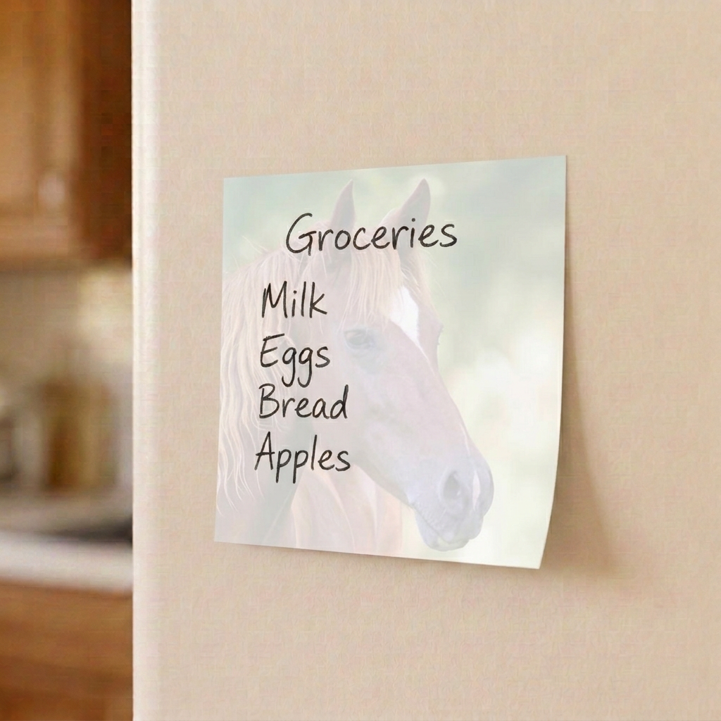 Horse sticky note grocery list on a refrigerator