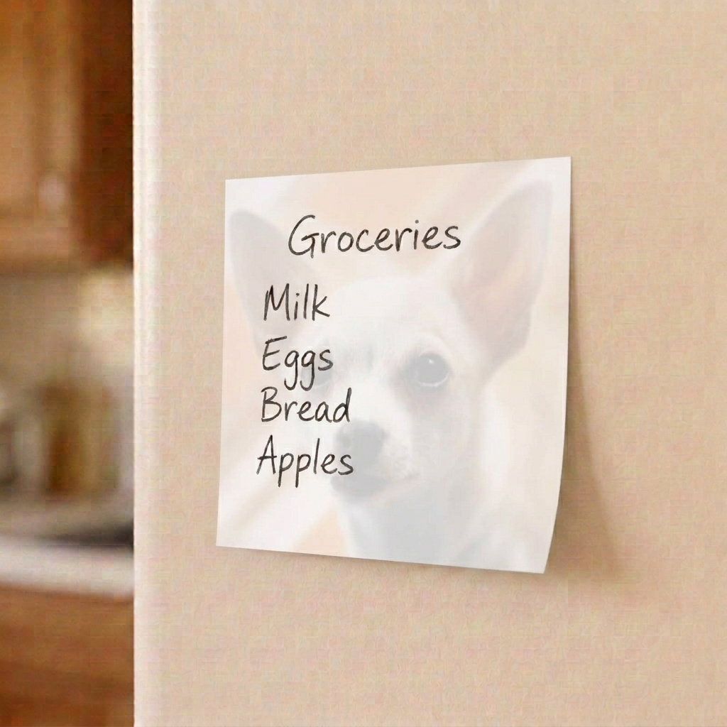 Chihuahua grocery list sticky note on a refrigerator