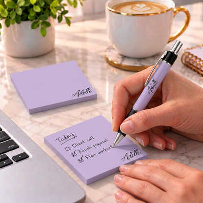 Feminine-looking hands writing a checklist with Adelle personalized lavender pen and sticky notes