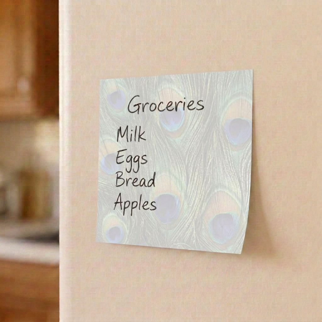 Peacock print grocery list sticky note on a refrigerator