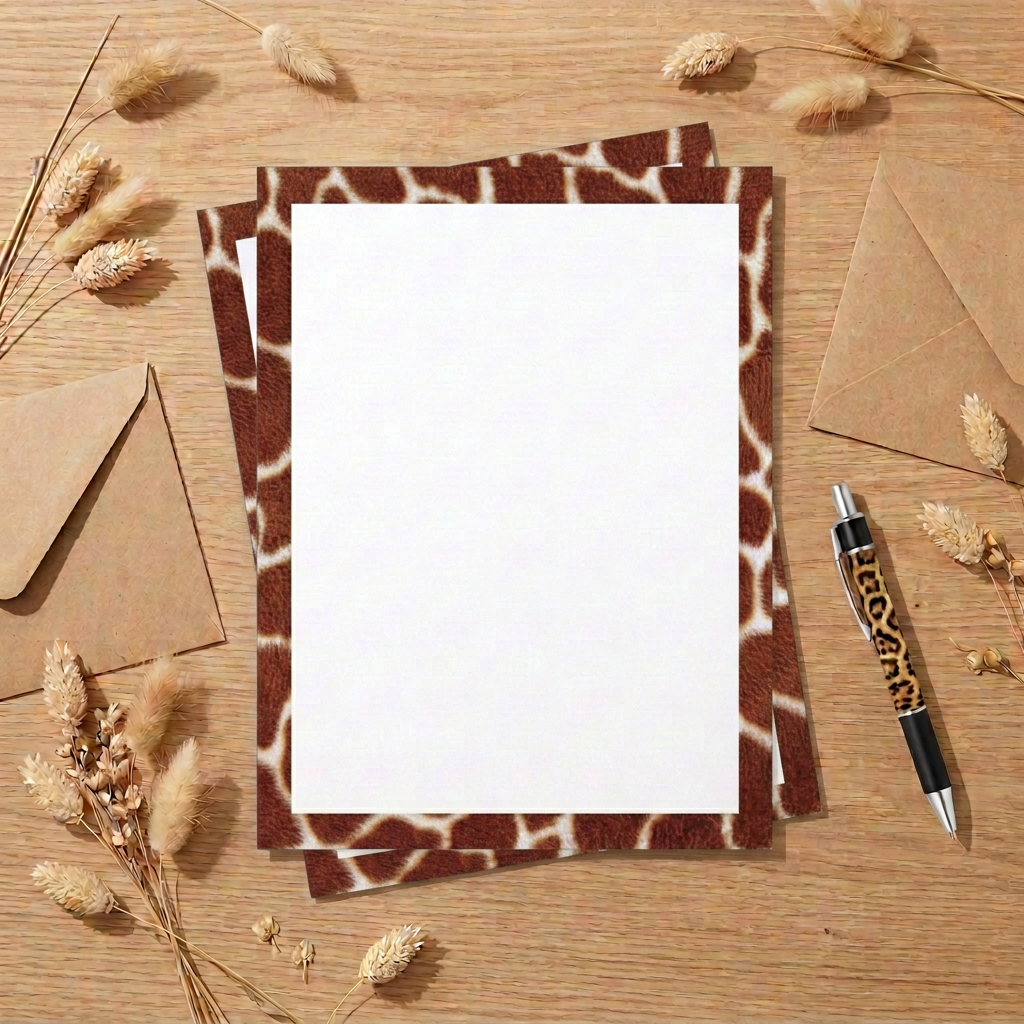 Giraffe print border paper letter-writing flat lay
