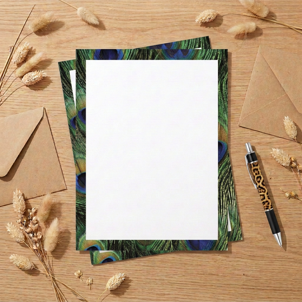 Peacock print border paper letter-writing flat lay