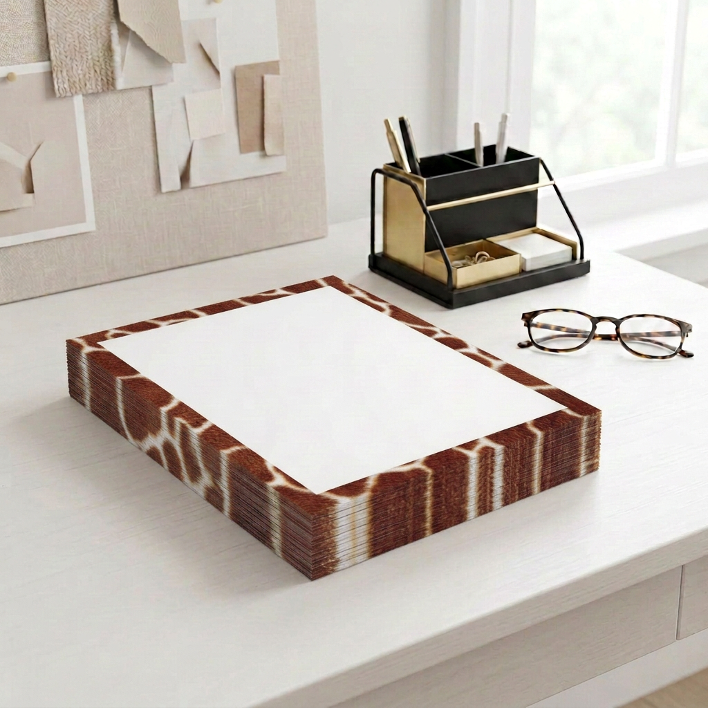 Giraffe print border paper stack on a styled desk