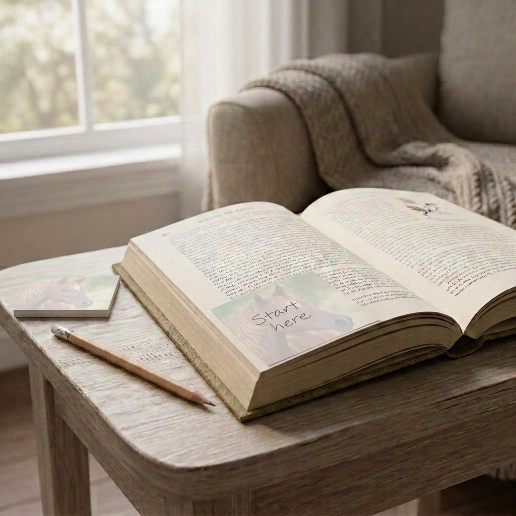 Horse sticky note used as a bookmark