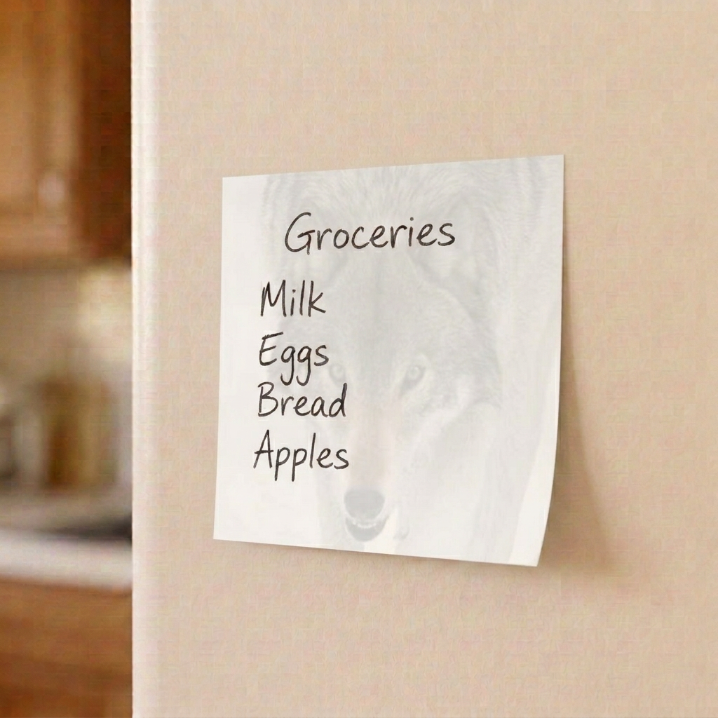 Wolf face grocery list sticky note on a refrigerator