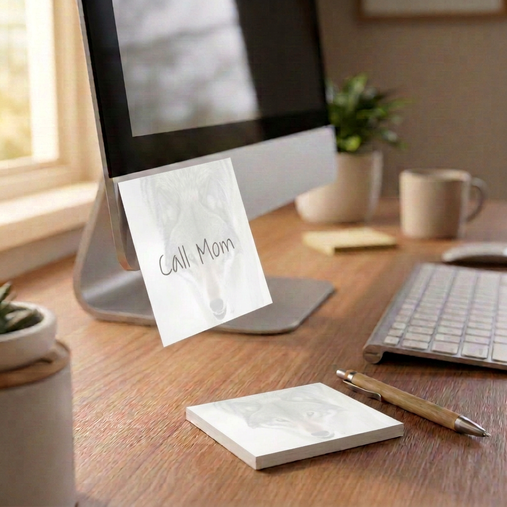 Wolf face sticky note desk reminder