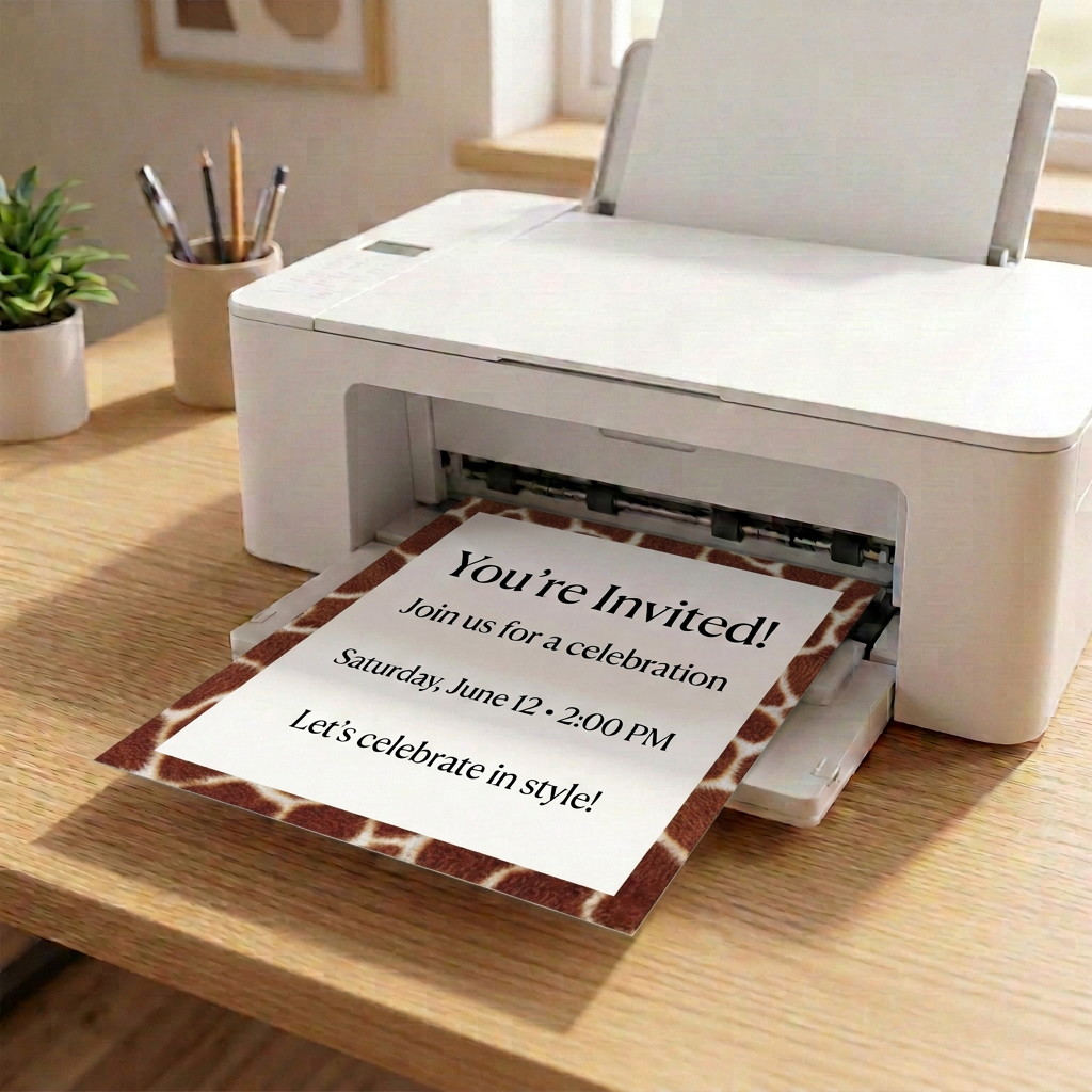 Giraffe print border paper in a printer with sample invitation wording