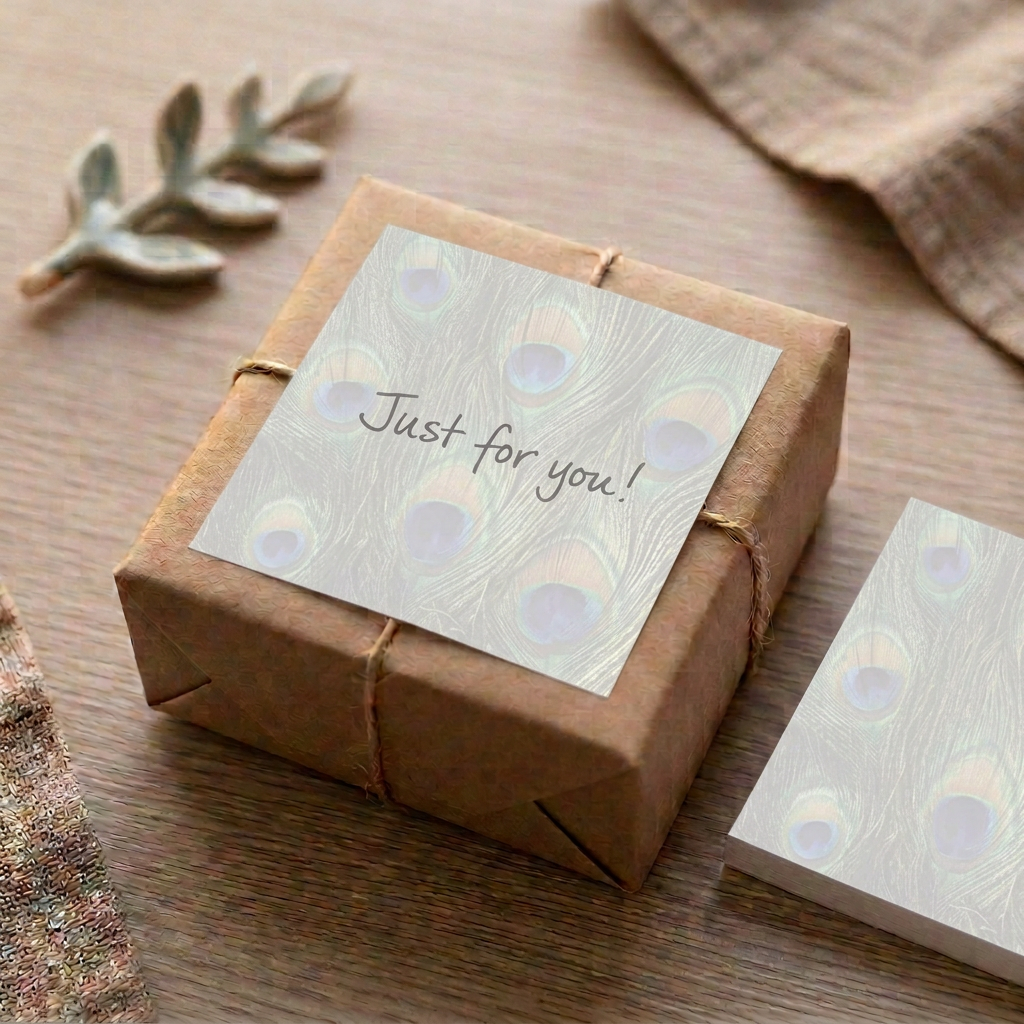Peacock print sticky note with a handwritten gift message