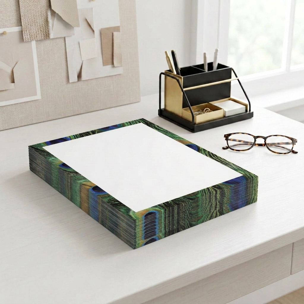 Peacock print border paper stack on a styled desk