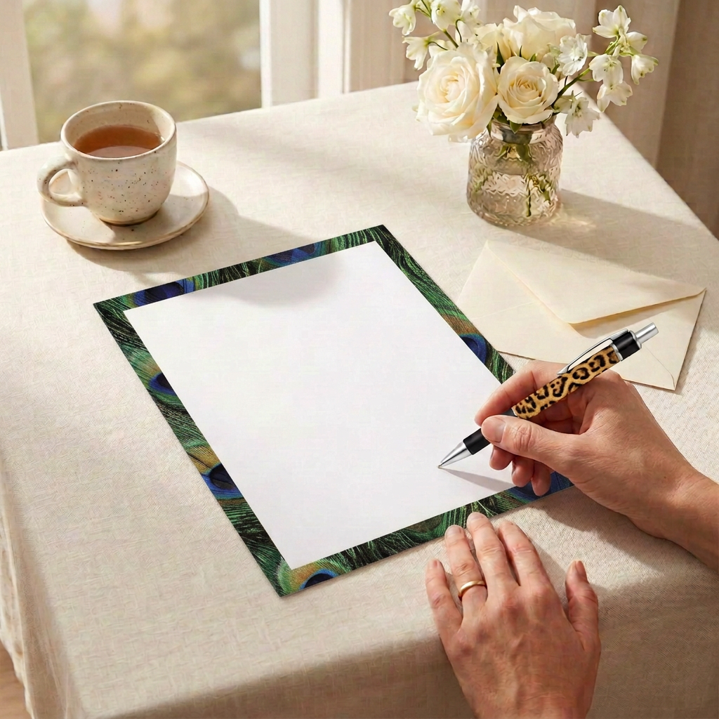 Peacock print border paper in a cozy writing scene