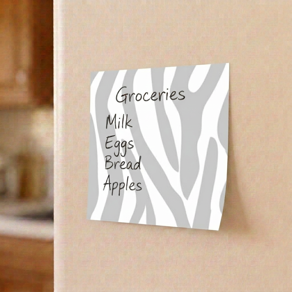 Zebra print grocery list sticky note on a refrigerator