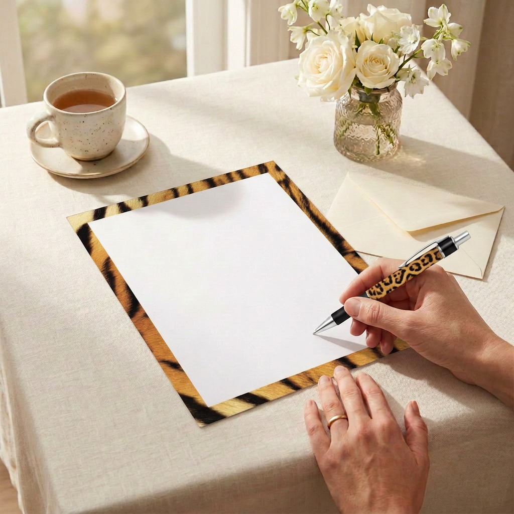 Tiger print border paper in a cozy writing scene