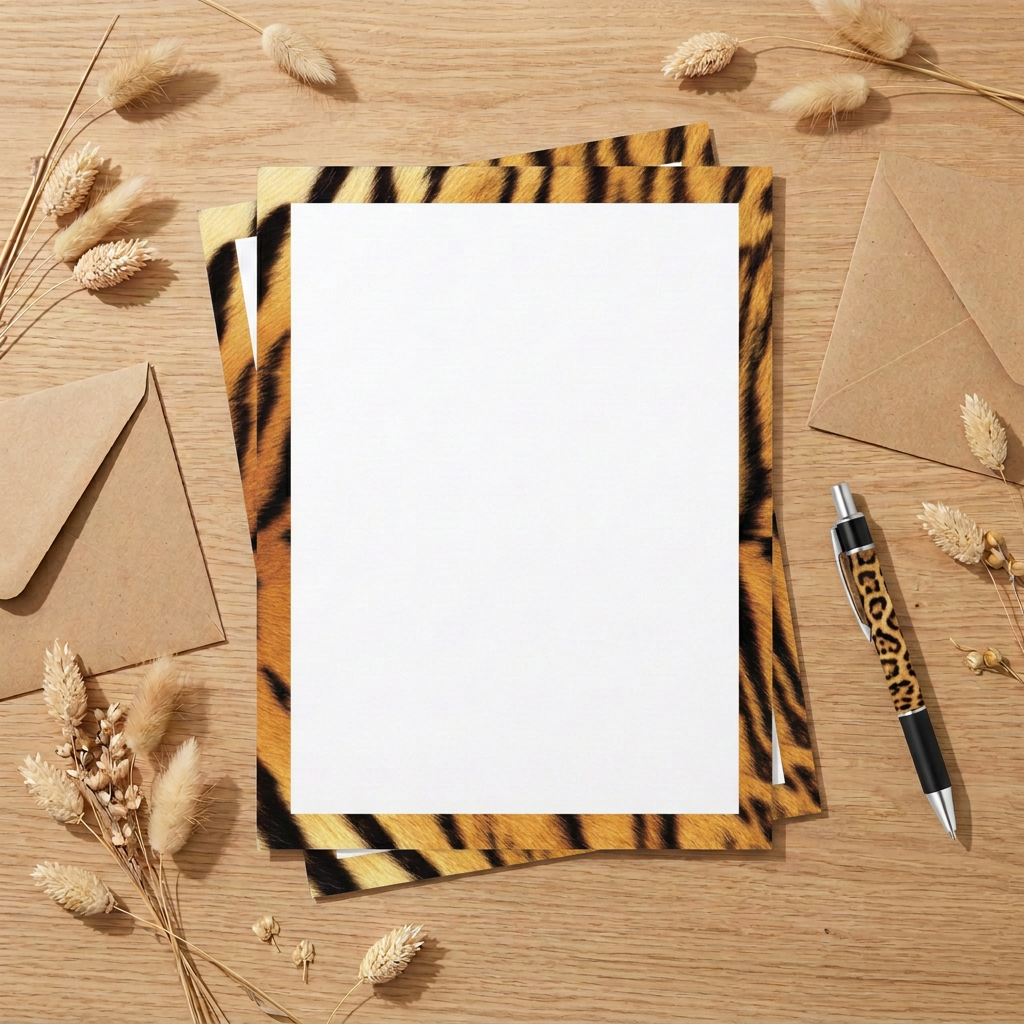 Tiger print border paper letter-writing flat lay
