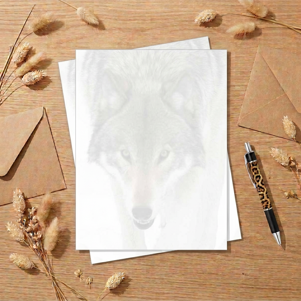Wolf face paper letter-writing flat lay