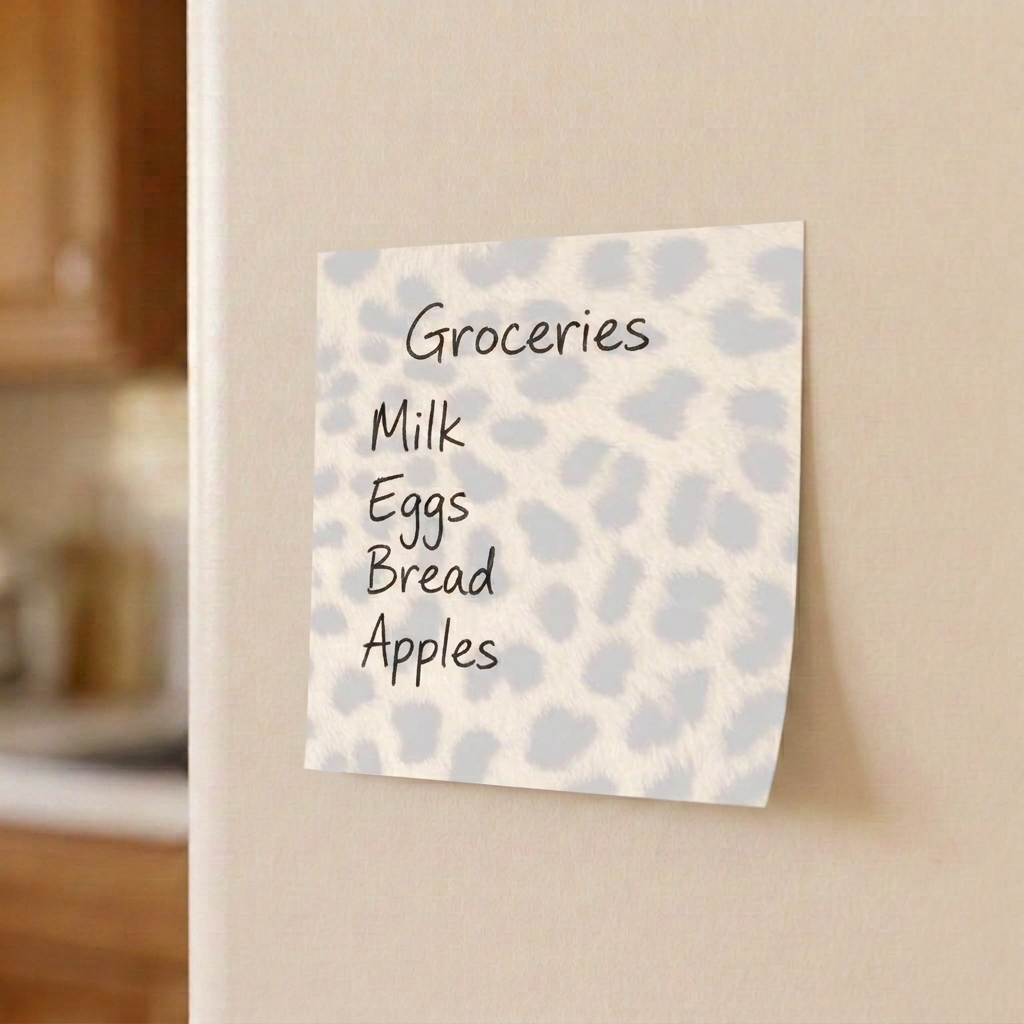 Cheetah print grocery list on a refrigerator