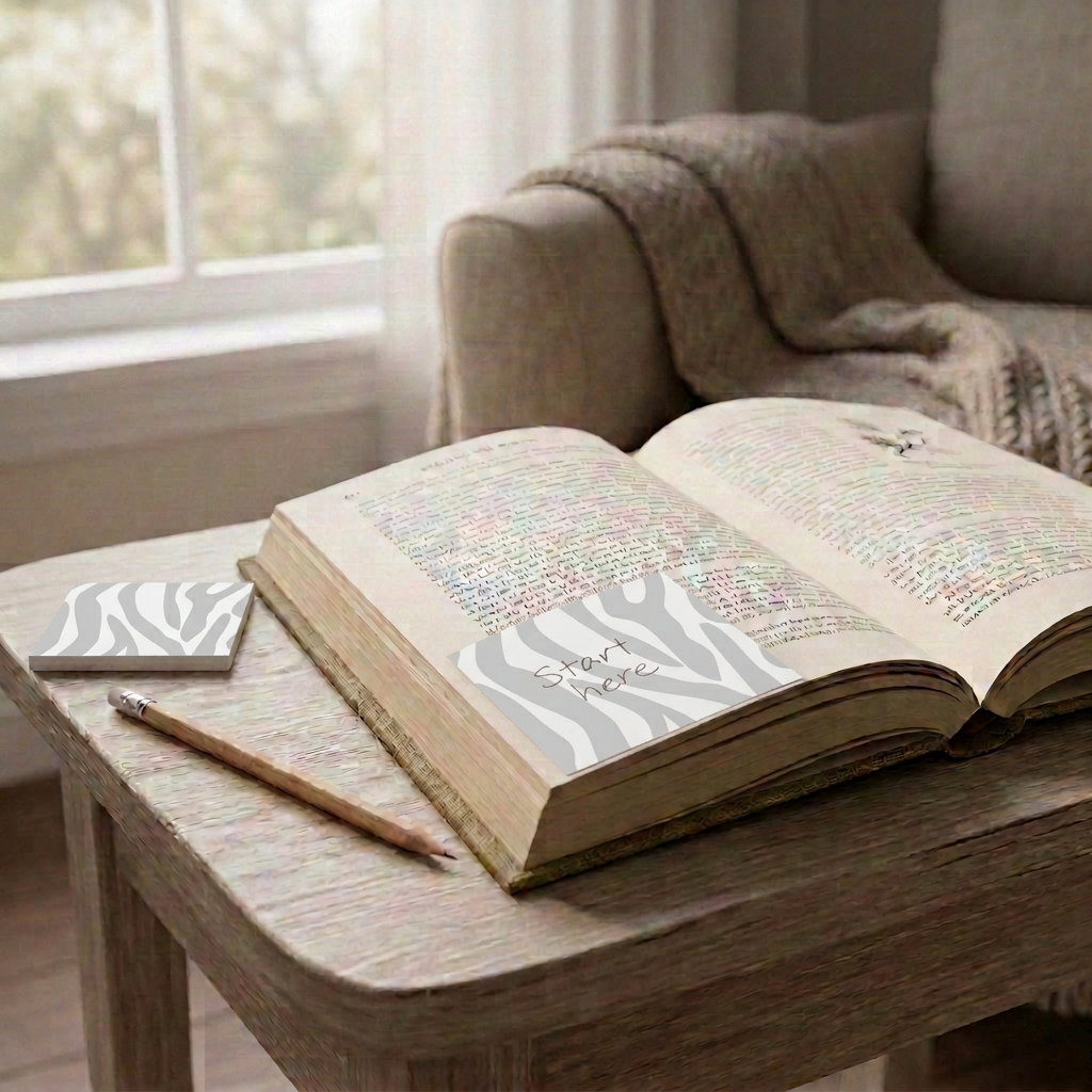 Zebra print sticky note used as a bookmark
