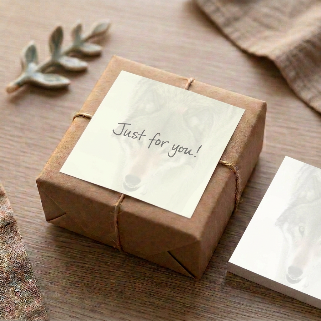 Wolf face sticky note with a handwritten gift message