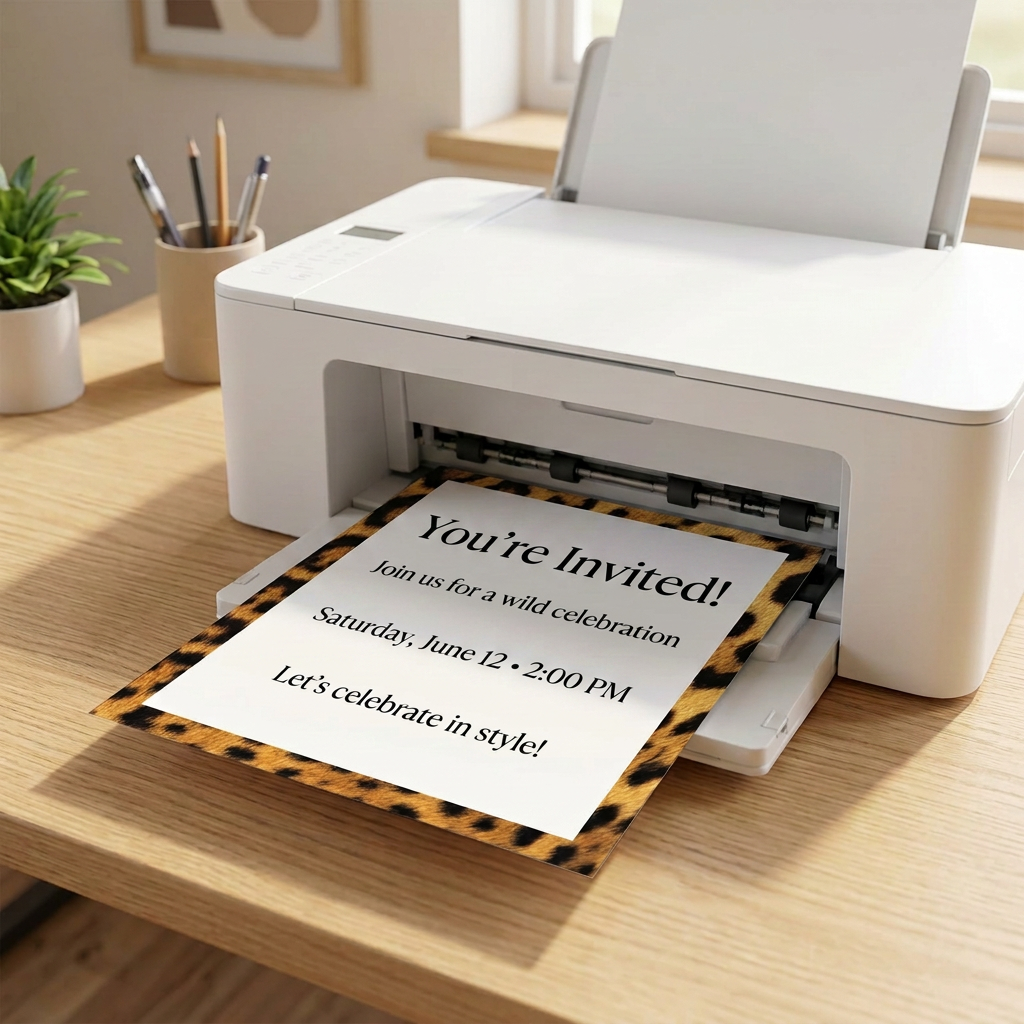 Leopard-border paper in a printer with a sample invitation printed in the center