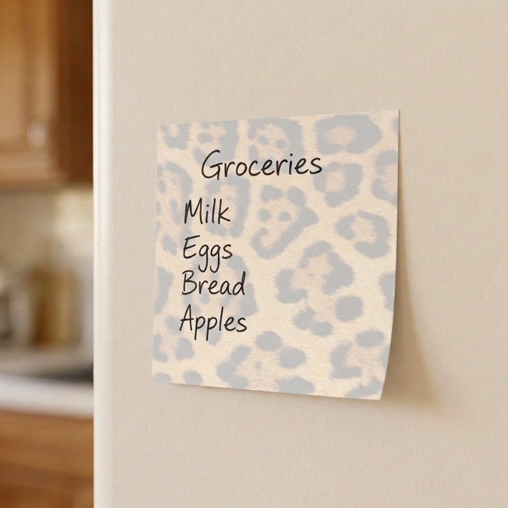 Leopard print grocery list on refrigerator
