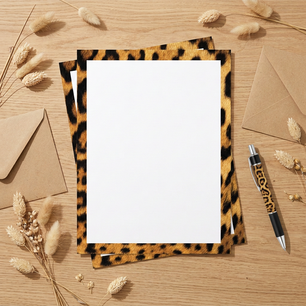Letter-writing flat lay updated with the leopard-print pen