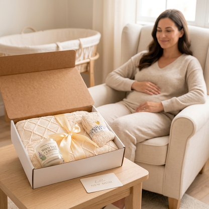 New Beginnings gift box beside a new mother relaxing in a softly lit nursery